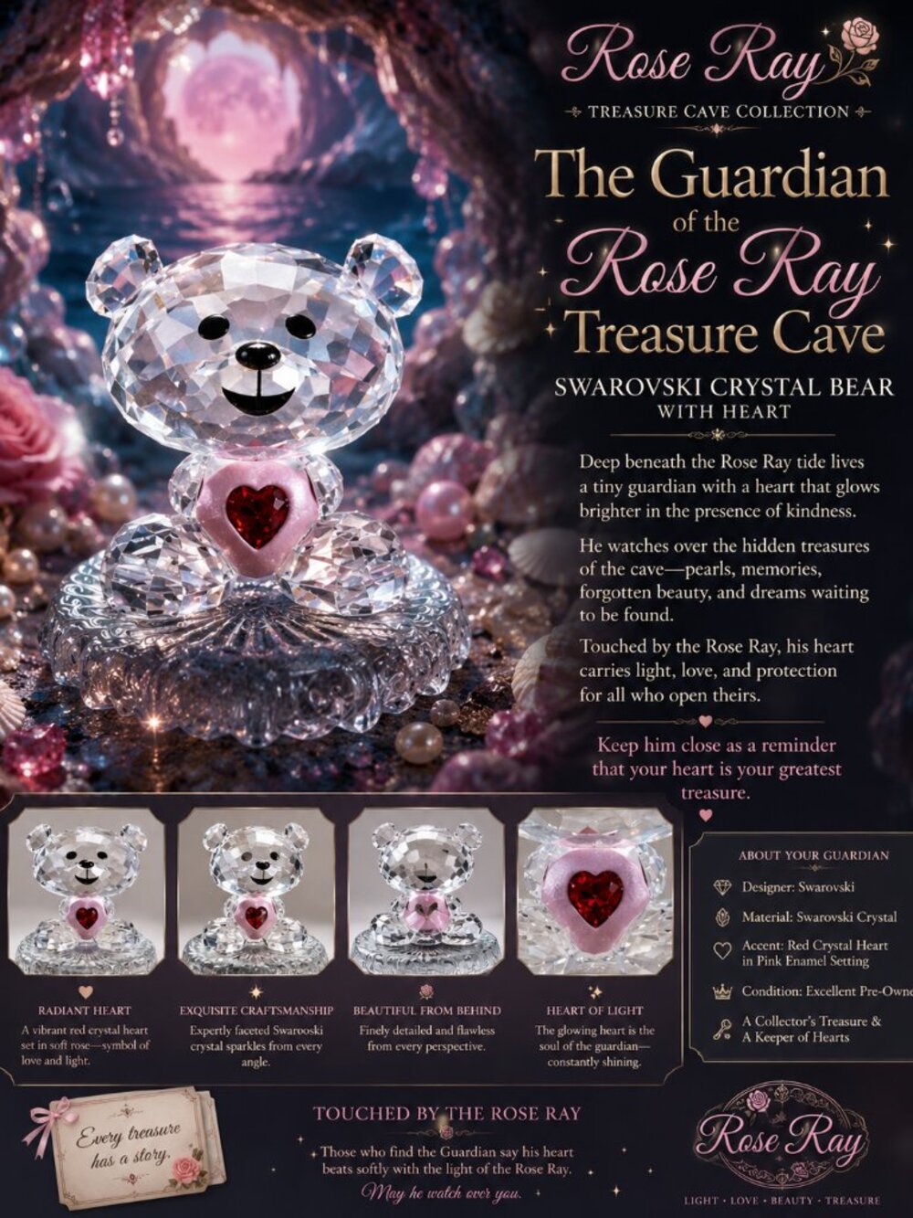 Swarovski Lovlots Bo Bear "So Sweet" Crystal Teddy ❤️Heart / Rose Ray Guardian